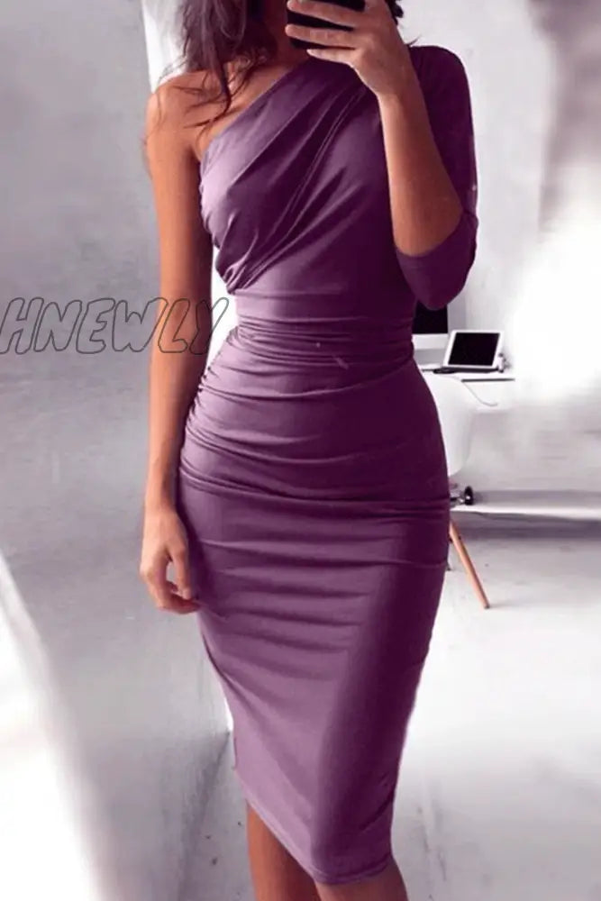 Hnewly - Sexy Solid Patchwork One Shoulder Pencil Skirt Dresses(5 Colors) Purple / S Dresses/Club