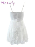 Hnewly Sexy Solid White Stitching Lace Bra Corset Style Spaghetti Strap Mini Dress Women Backless