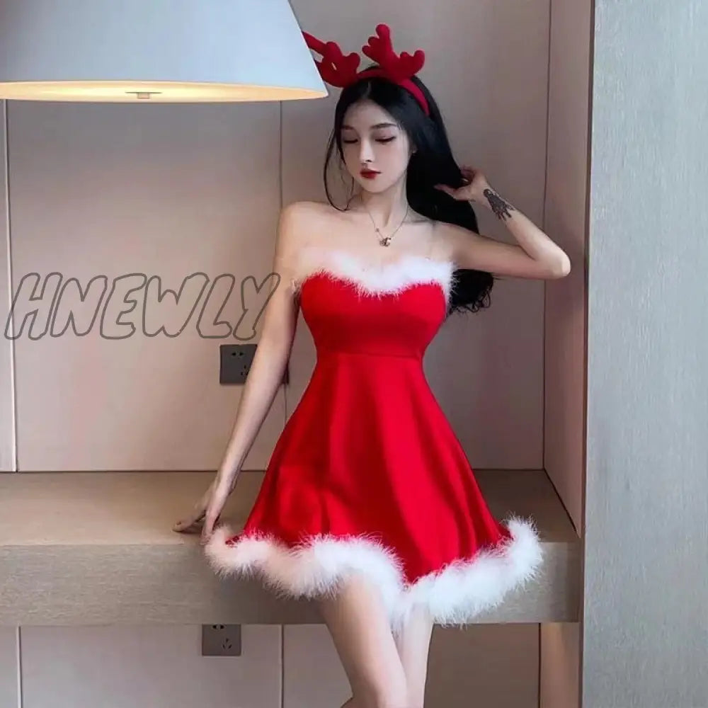 Hnewly Sexy Spaghetti Strap Dress Women Red Christmas Mini Dressses Female Fashion Bodycon Faux Fur