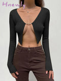 Hnewly Sexy Split Skinny Crop Top Women Long Sleeve Mini Autumn T Shirts Y2K Casual Streetwear Tees