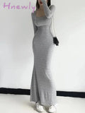 Hnewly Sexy Square Collar Knitted Cotton Maxi Long Mermaid Dress Women Full Sleeve Stretch Basic Bodycon Fishtail Robe Vestido