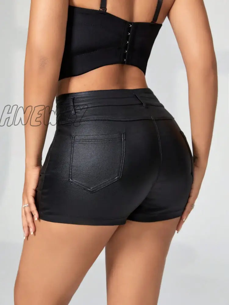 Hnewly Sexy Stretch Slant Pocket Double Button Detail Solid Pu Leather Shorts Women Casual Holiday