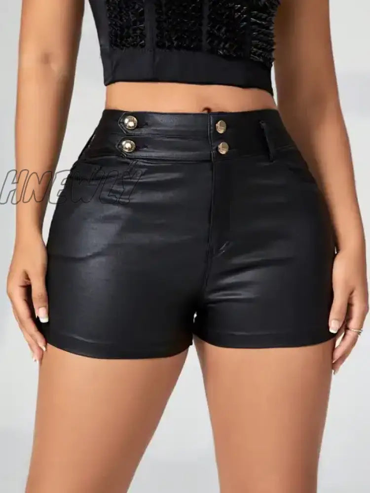 Hnewly Sexy Stretch Slant Pocket Double Button Detail Solid Pu Leather Shorts Women Casual Holiday