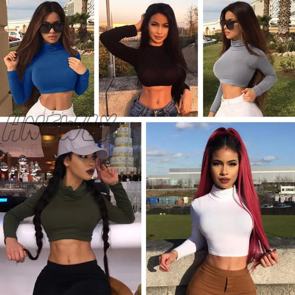 Hnewly Sexy T Shirt Women Long Sleeve Turtleneck Casual Slim Crop Tops Solid Skinny Clubwear Short