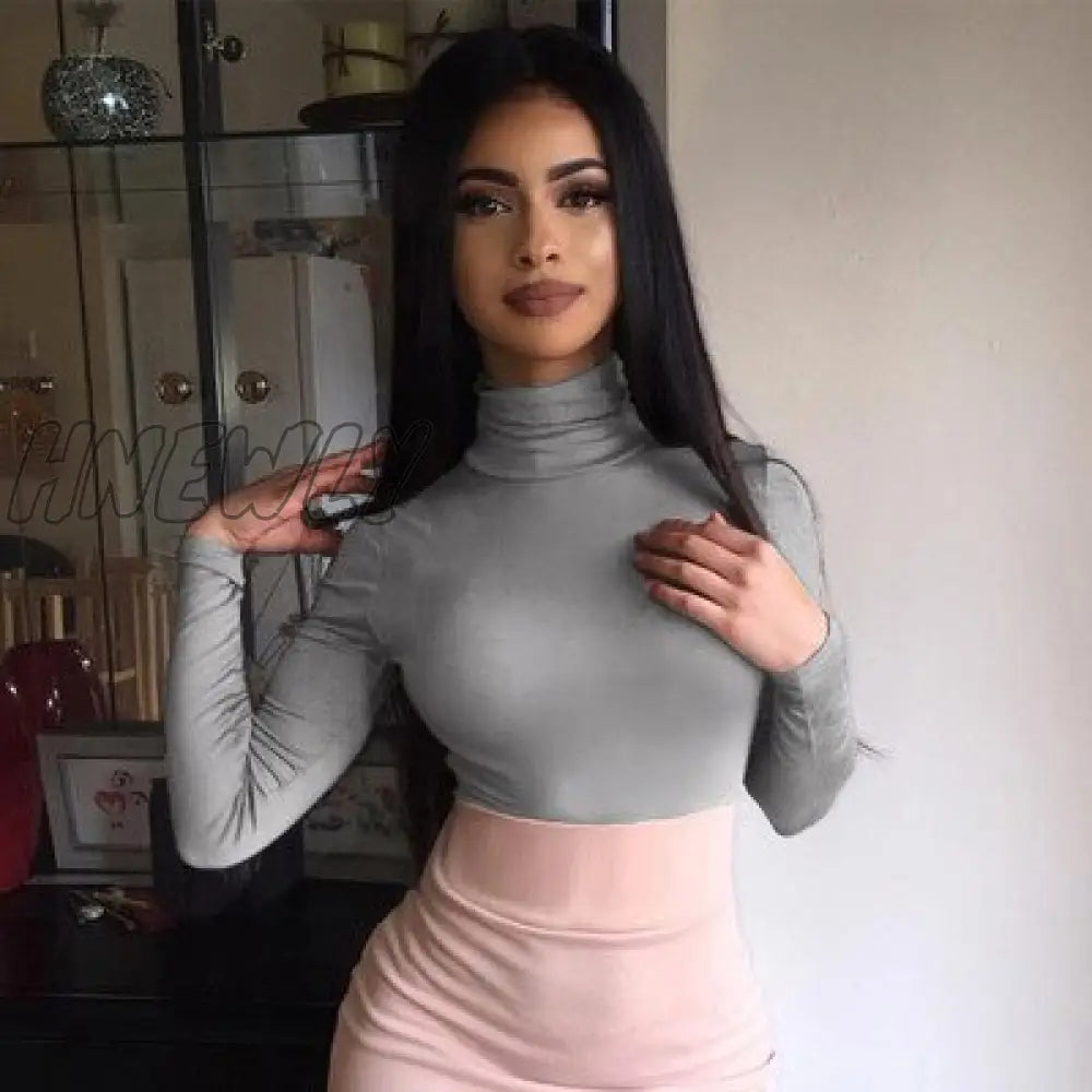 Hnewly Sexy T Shirt Women Long Sleeve Turtleneck Casual Slim Crop Tops Solid Skinny Clubwear Short