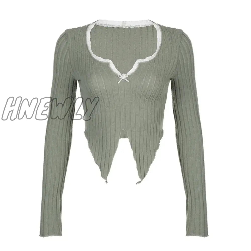 Hnewly Sexy Tees Women New Autumn Streetwear Long Sleeves V-Neck Slim Crop Top Asymmetrical Fashion