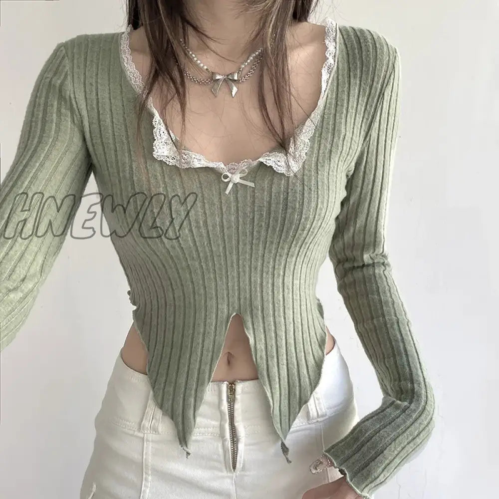 Hnewly Sexy Tees Women New Autumn Streetwear Long Sleeves V-Neck Slim Crop Top Asymmetrical Fashion