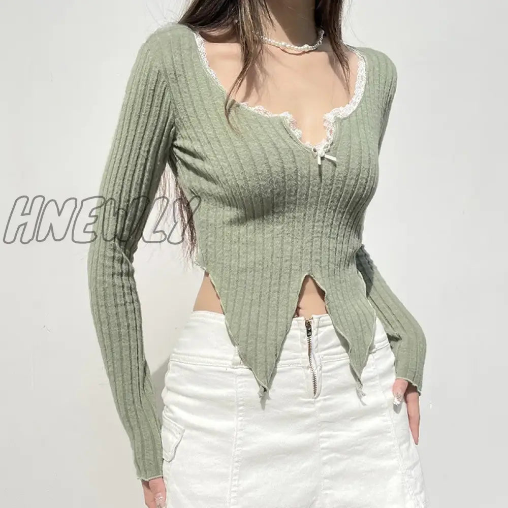Hnewly Sexy Tees Women New Autumn Streetwear Long Sleeves V-Neck Slim Crop Top Asymmetrical Fashion