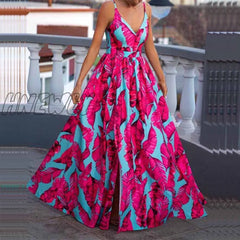 Hnewly Sexy V Neck Floral Print Sling Dress Women Elegant Chic Slit Beach Maxi Summer Fashion Waist