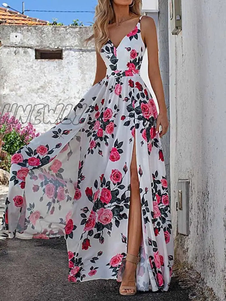 Hnewly Sexy V Neck Floral Print Sling Dress Women Elegant Chic Slit Beach Maxi Summer Fashion Waist