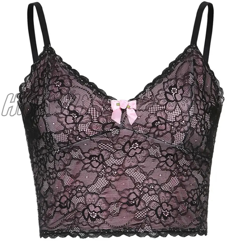 Hnewly Sexy V Neck Lace Trim Mesh Patchwork Crop Top Women E Girls Fashion Casual Vintage Y2K