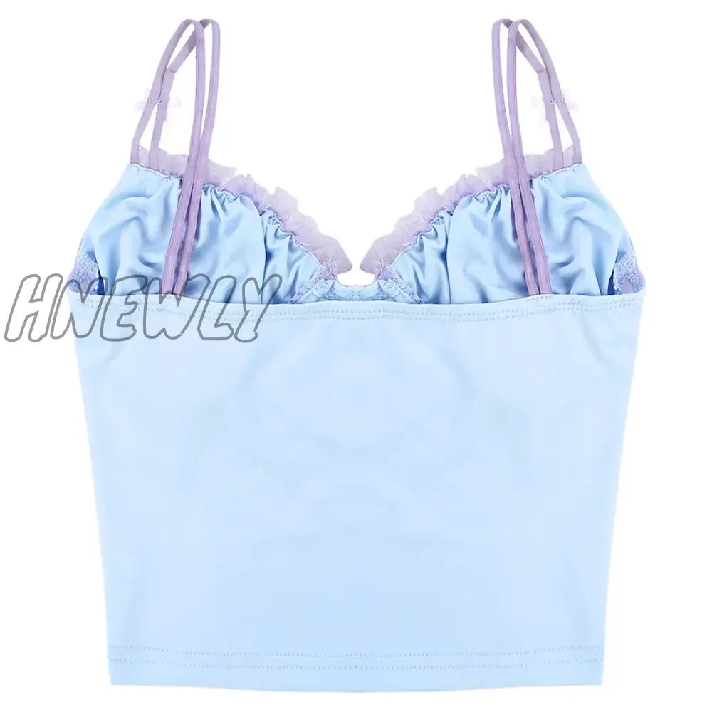 Hnewly Sexy V Neck Lace Trim Mesh Patchwork Crop Top Women E Girls Fashion Casual Vintage Y2K