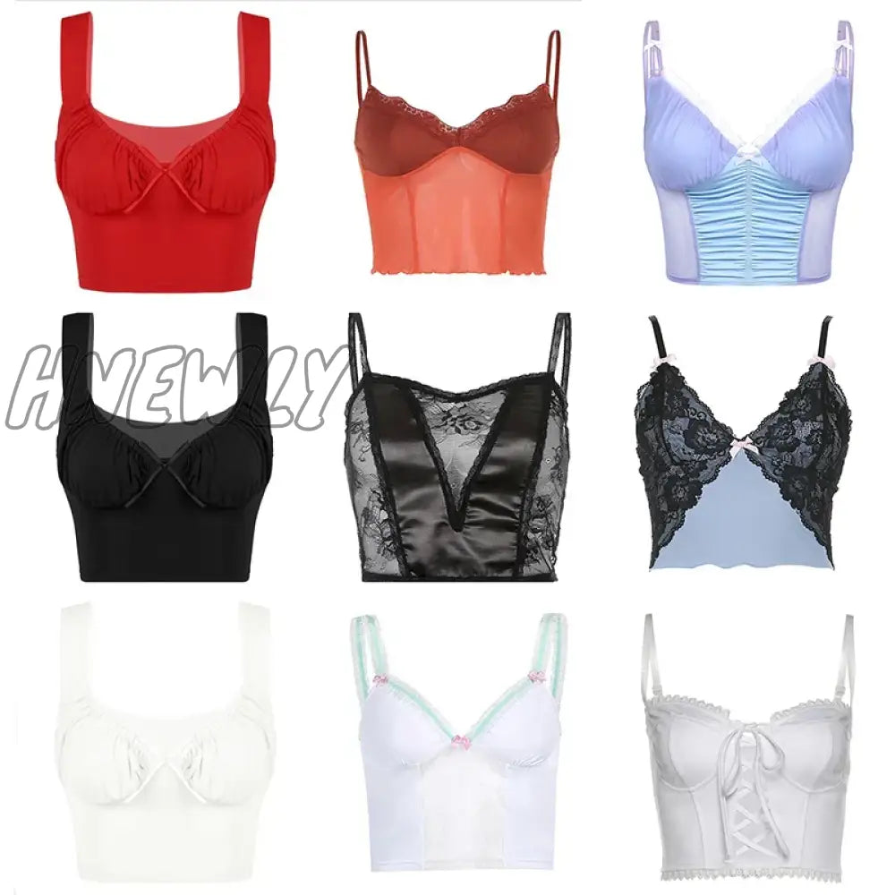 Hnewly Sexy V Neck Lace Trim Mesh Patchwork Crop Top Women E Girls Fashion Casual Vintage Y2K
