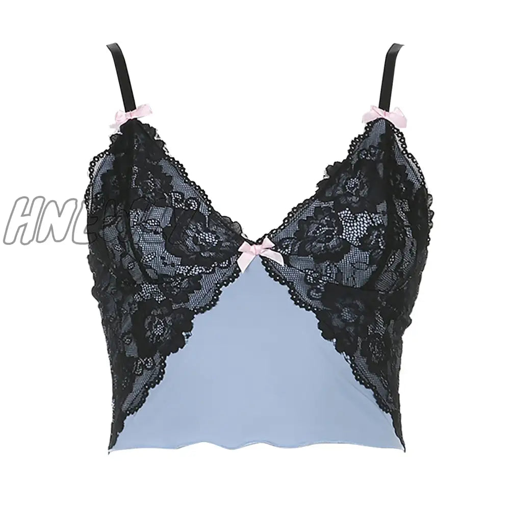 Hnewly Sexy V Neck Lace Trim Mesh Patchwork Crop Top Women E Girls Fashion Casual Vintage Y2K