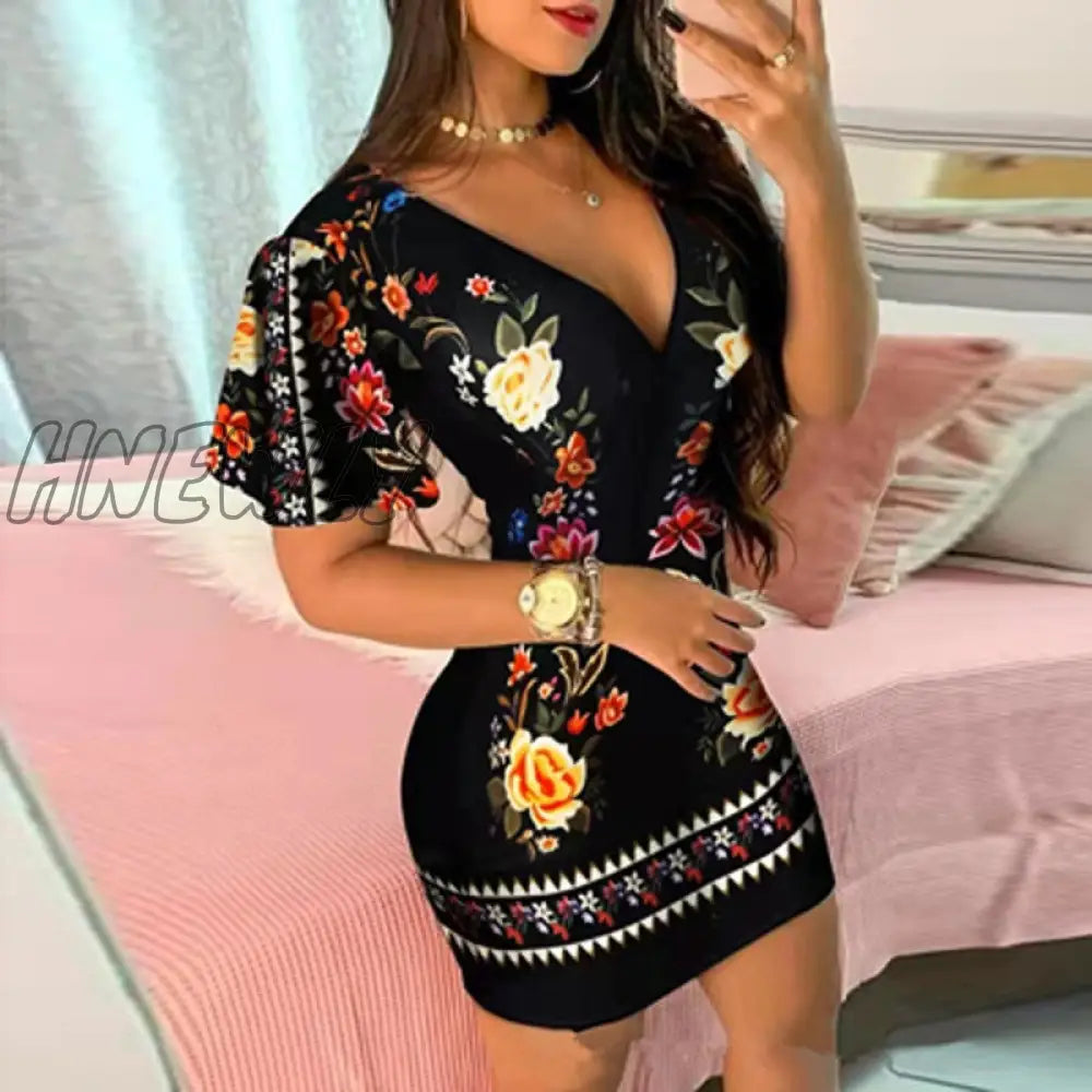 Hnewly Sexy V Neck Slim Lady Party Dress For Women Vintage Floral Print Hip Package Spring Summer