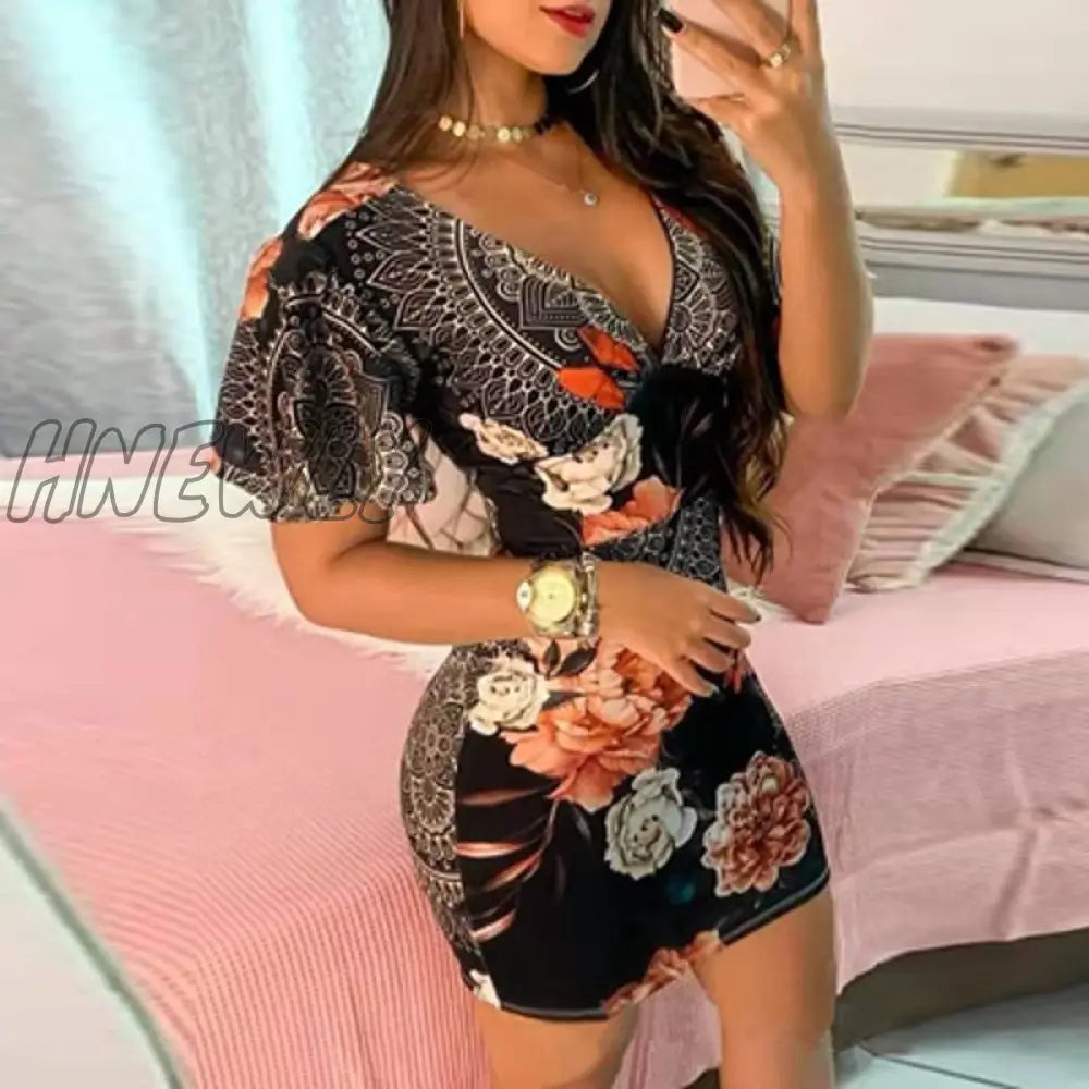 Hnewly Sexy V Neck Slim Lady Party Dress For Women Vintage Floral Print Hip Package Spring Summer