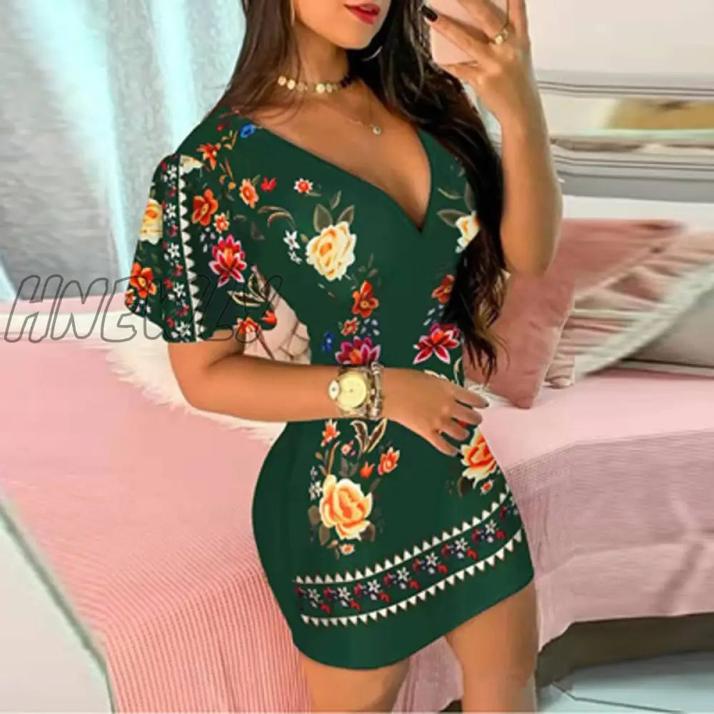 Hnewly Sexy V Neck Slim Lady Party Dress For Women Vintage Floral Print Hip Package Spring Summer