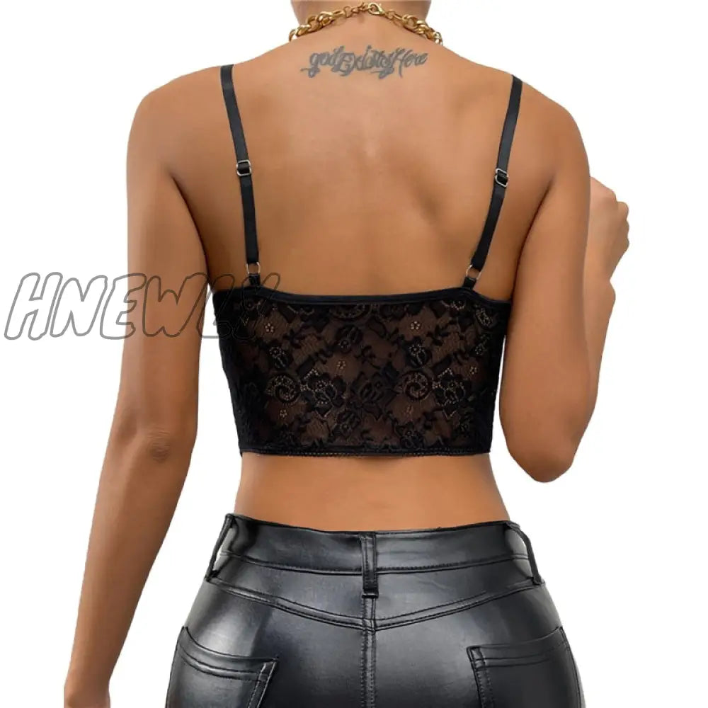 Hnewly Sexy Women Bodycon Crop Tops Black Lace Hem Pleated Cropped Tank See Through Clothes For