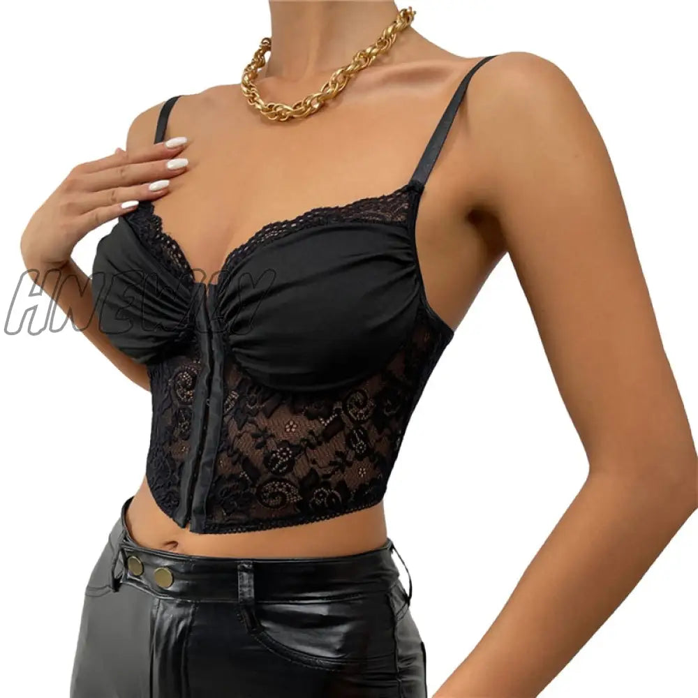 Hnewly Sexy Women Bodycon Crop Tops Black Lace Hem Pleated Cropped Tank See Through Clothes For