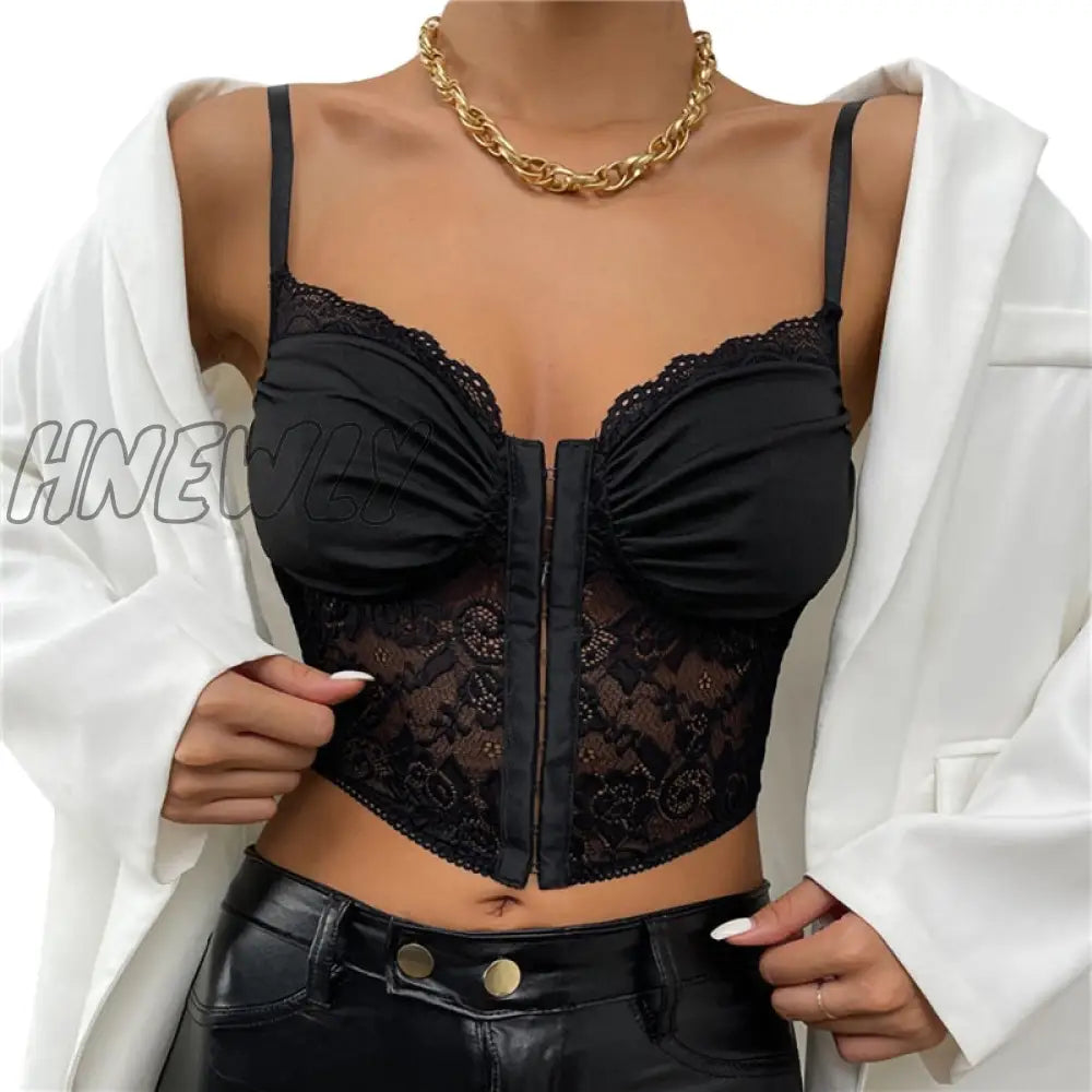 Hnewly Sexy Women Bodycon Crop Tops Black Lace Hem Pleated Cropped Tank See Through Clothes For