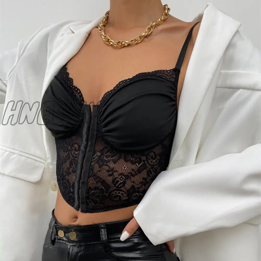 Hnewly Sexy Women Bodycon Crop Tops Black Lace Hem Pleated Cropped Tank See Through Clothes For