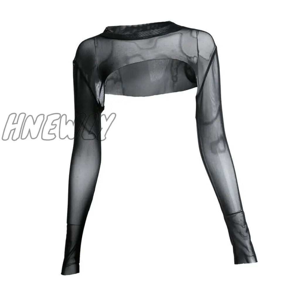 Hnewly Sexy Women Crop Top Mesh Sleeve T-Shirt Tops Hollow Out Transparent Ladies T Shirt Black
