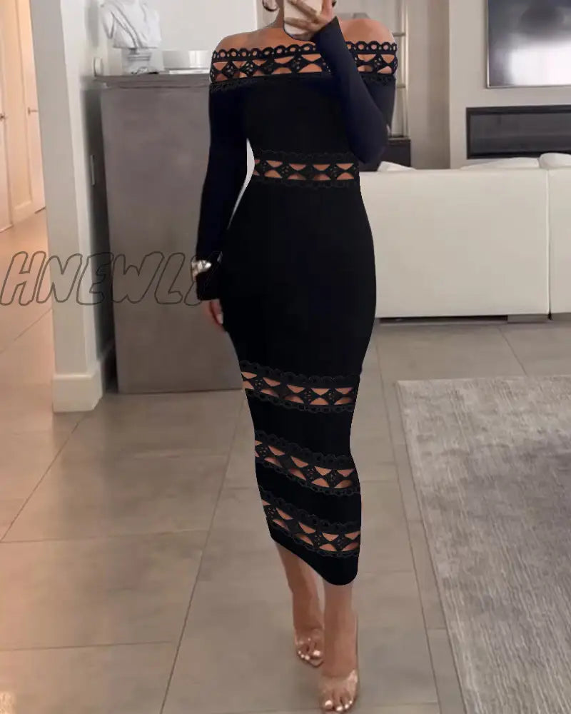 Hnewly Sexy Women’s Dresses Summer Contrast Lace One Shoulder Plain Long Sleeve Skinny Party