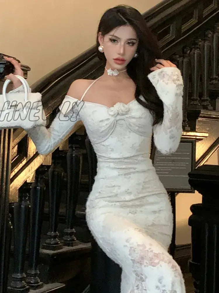 Hnewly Sexy Women’s Midi Dress Lace Long Sleeve Slim Neck-Mounted Bodycon Mini Dresses Evening