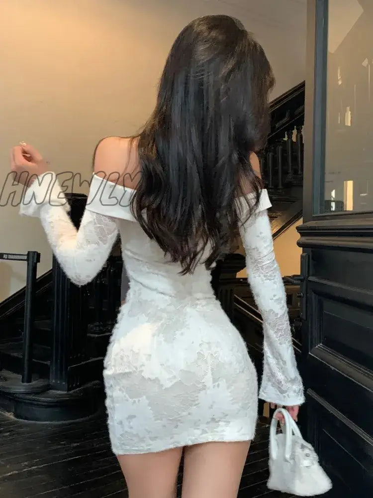 Hnewly Sexy Women’s Midi Dress Lace Long Sleeve Slim Neck-Mounted Bodycon Mini Dresses Evening