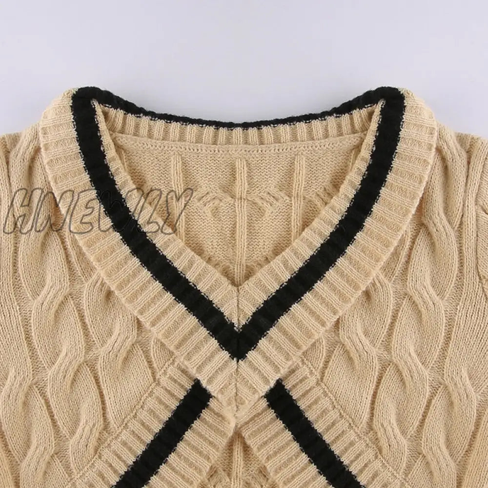 Hnewly Sexy Women’s Sweater Y2K Striped Print Long Sleeve V Neck Knitwear Crop Pullovers Casual