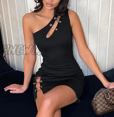 Hnewly Sexy Y2K Clothes One Shoulder Sleeveless Backless Side Slit Bodycon Mini Dresses For Women