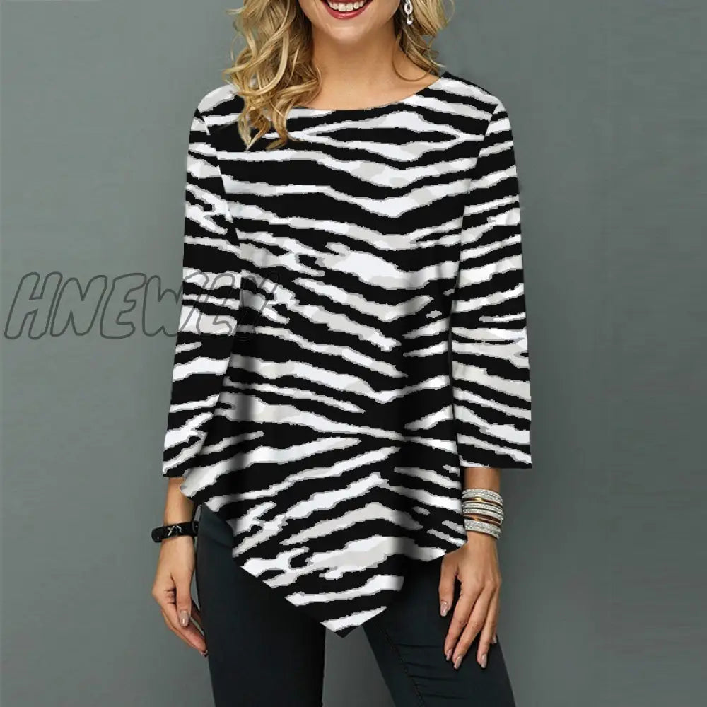 Hnewly Shirt Blouse Women Plus Size 5Xl Fashion New Spring Print Blue Tops 3/4 Sleeve Elasticity