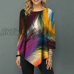 Hnewly Shirt Blouse Women Plus Size 5Xl Fashion New Spring Print Blue Tops 3/4 Sleeve Elasticity