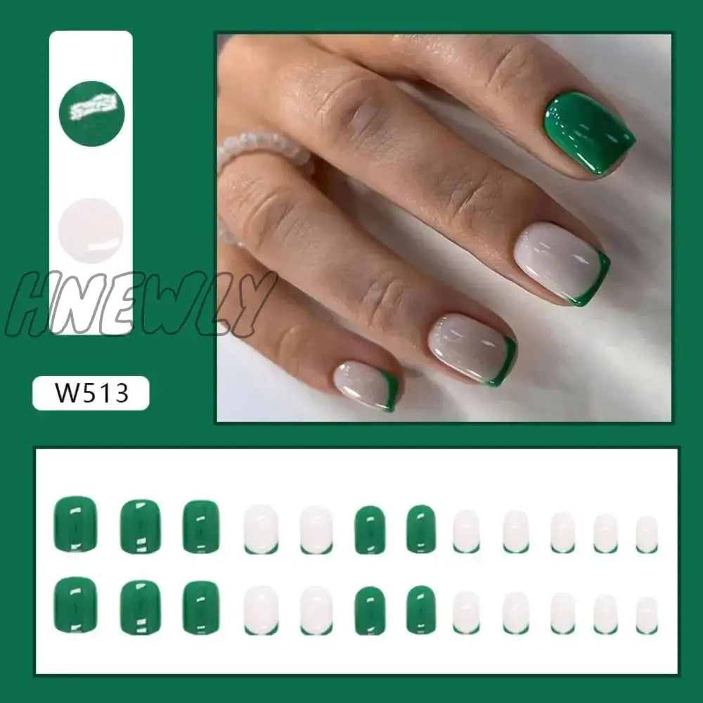 Hnewly Short Round False Nails Detachable French Pink Butterfly Nail Tips Full Cover Green Edge