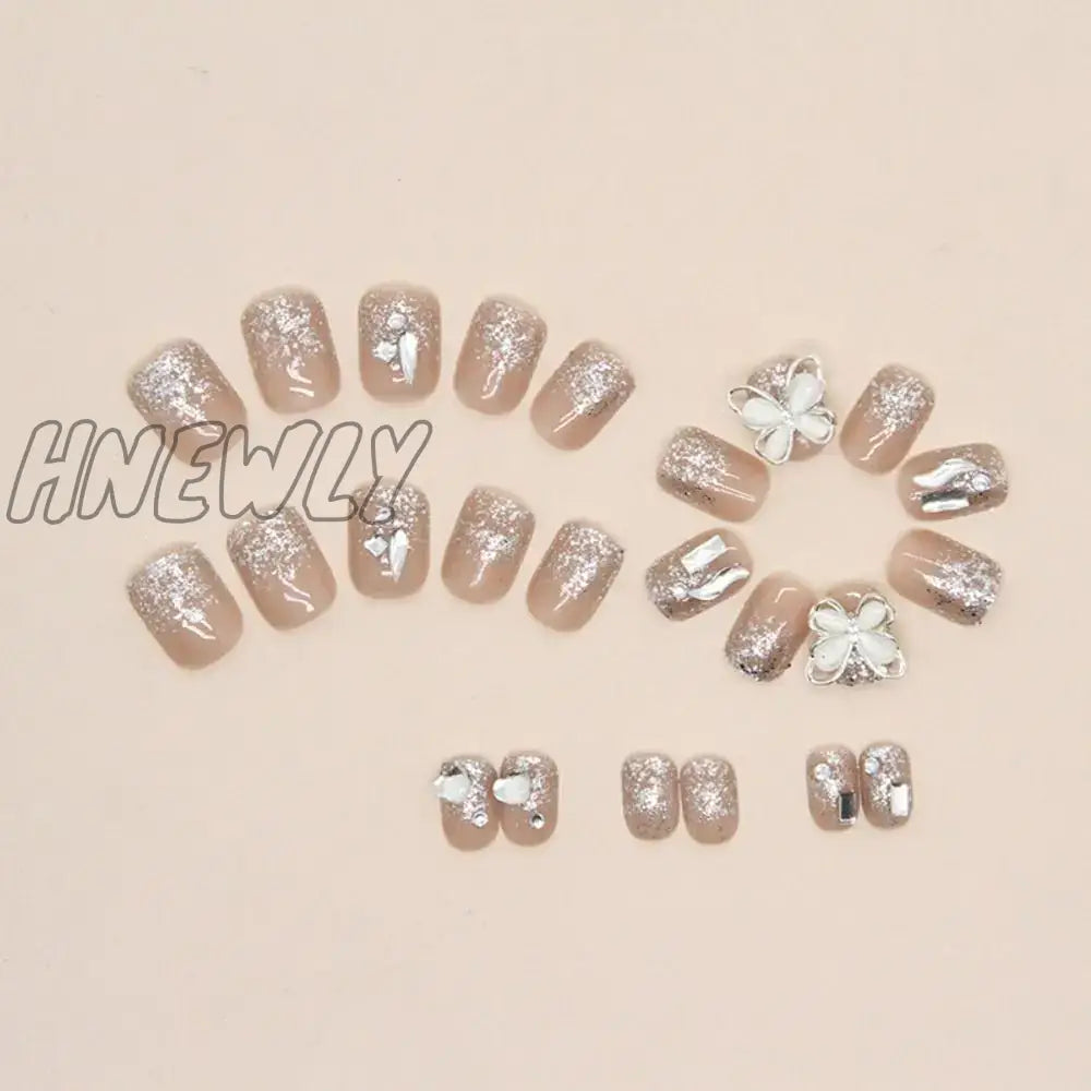 Hnewly Short Round False Nails Detachable French Pink Butterfly Nail Tips Full Cover Green Edge