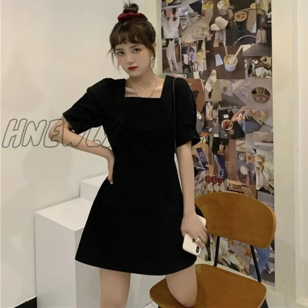 Hnewly Short Sleeve Dress Women Design Bandage High Street Puff-Sleeve Square Collar Vestidos