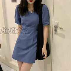 Hnewly Short Sleeve Dress Women Design Bandage High Street Puff-Sleeve Square Collar Vestidos