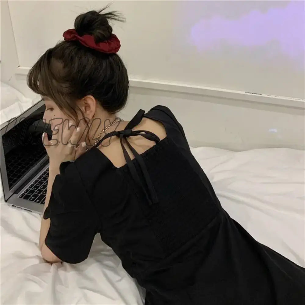 Hnewly Short Sleeve Dress Women Design Bandage High Street Puff-Sleeve Square Collar Vestidos