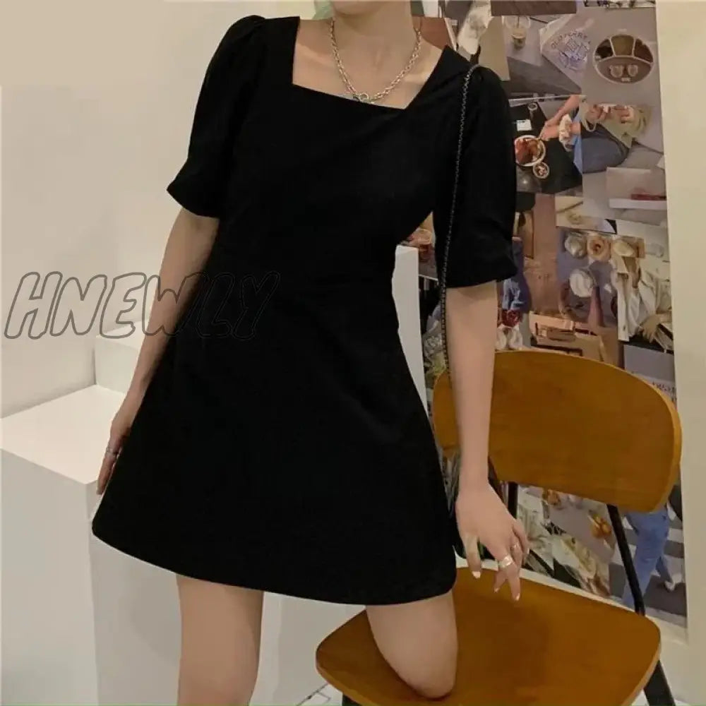 Hnewly Short Sleeve Dress Women Design Bandage High Street Puff-Sleeve Square Collar Vestidos