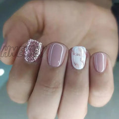 Hnewly Short Square False Nails Aurora Silver Adhesive Glitter Gradient Design Detachable Fake