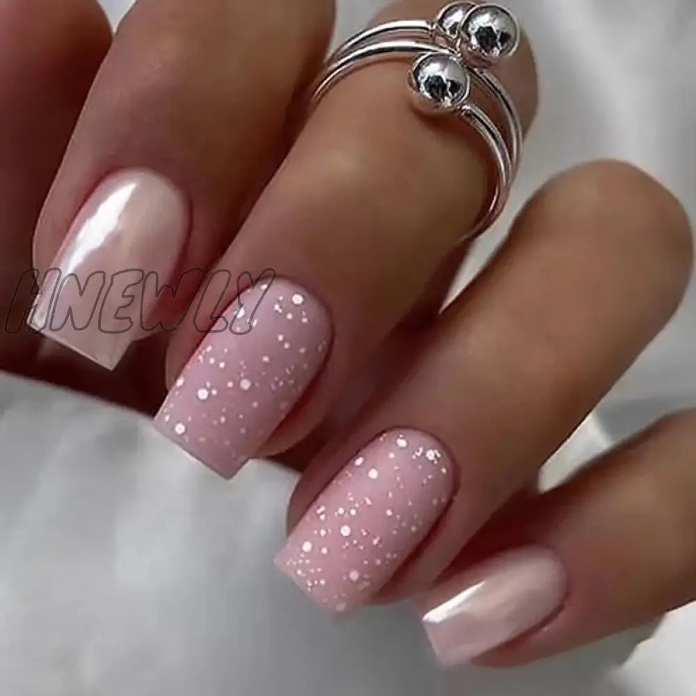 Hnewly Short Square False Nails Aurora Silver Adhesive Glitter Gradient Design Detachable Fake