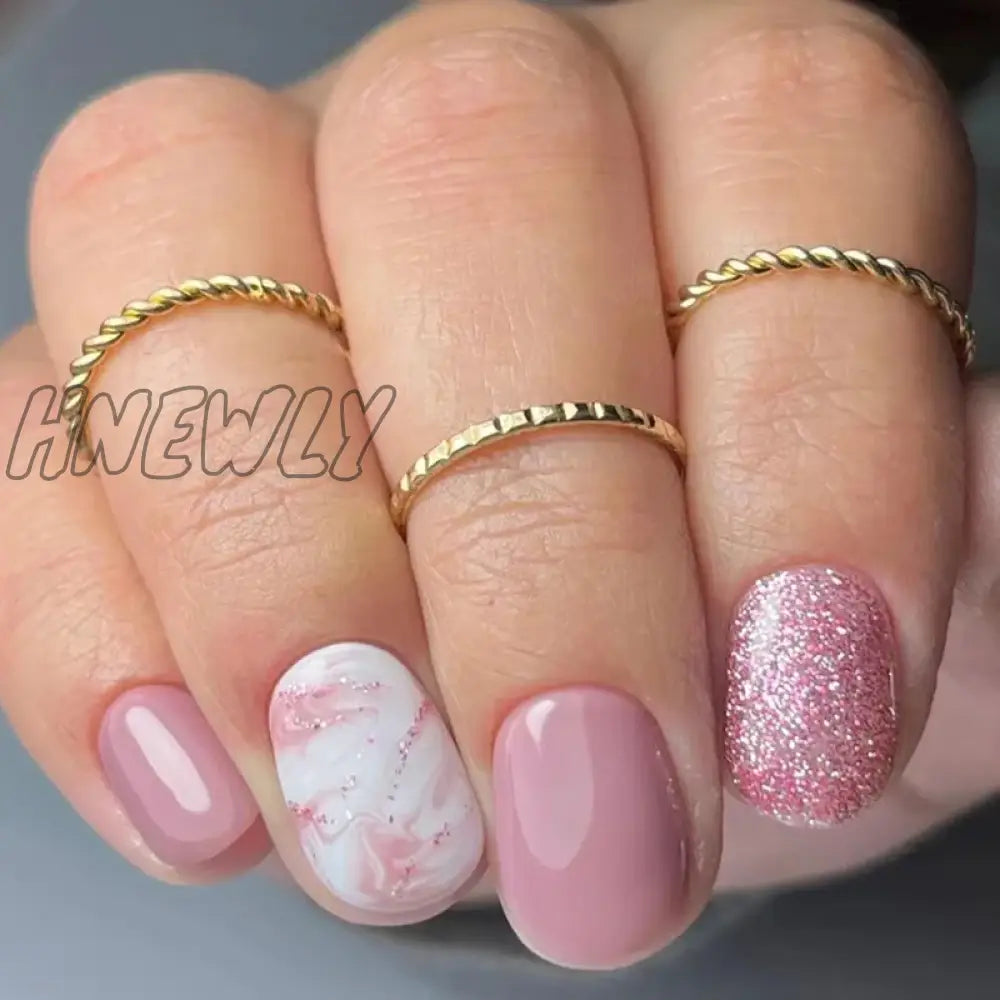 Hnewly Short Square False Nails Aurora Silver Adhesive Glitter Gradient Design Detachable Fake