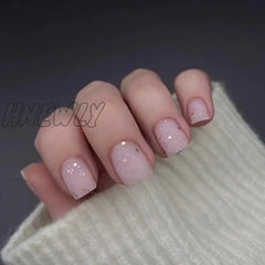 Hnewly Short Square False Nails Aurora Silver Adhesive Glitter Gradient Design Detachable Fake