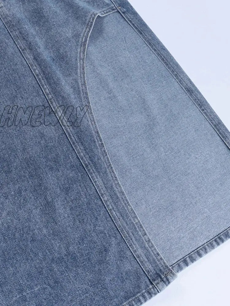 Hnewly Side Split Skirt Women High Wait Midi 2024 Blue Zipper Solid Fashion Straight Jean