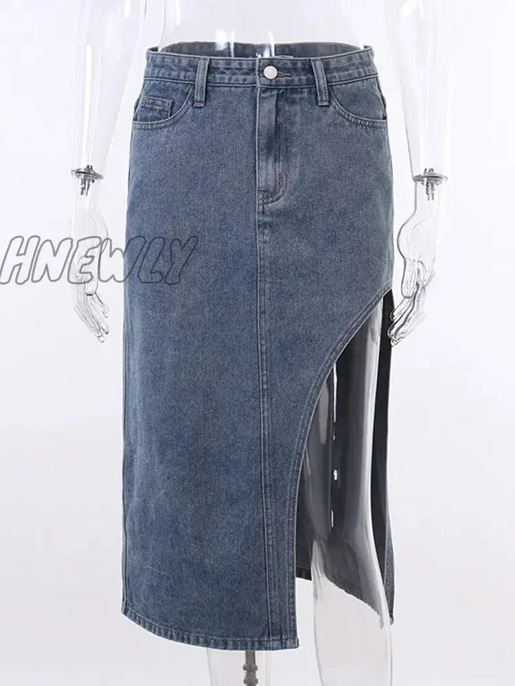Hnewly Side Split Skirt Women High Wait Midi 2024 Blue Zipper Solid Fashion Straight Jean