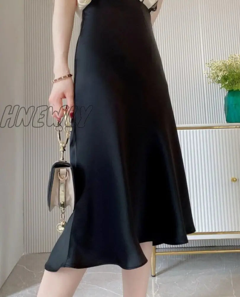 Hnewly Silk Satin Skirts For Women High Waisted Skirt A-Line Elegant Summer Pink Midi New Korean