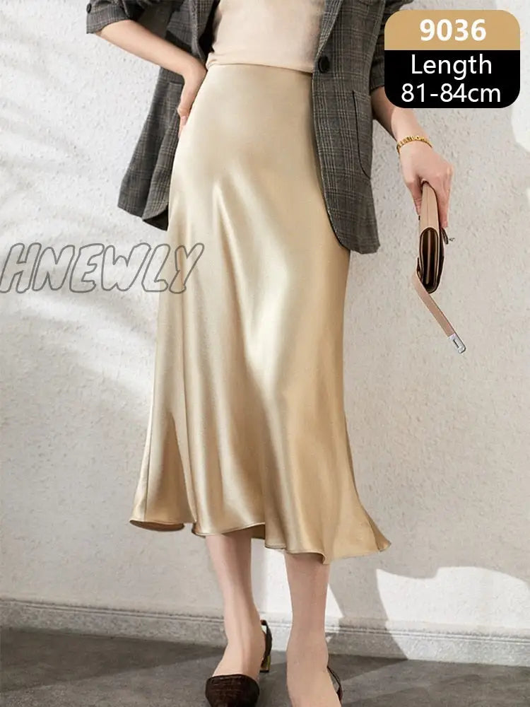 Hnewly Silk Satin Skirts For Women High Waisted Skirt A-Line Elegant Summer Pink Midi New Korean