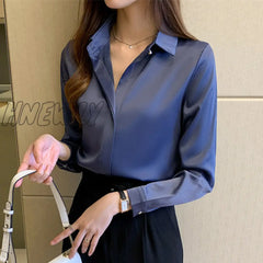 Hnewly Silk Women’s Shirt Long Sleeve Fashion Woman Blouses Satin Top Female Shirts And Blouse