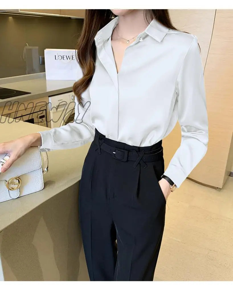 Hnewly Silk Women’s Shirt Long Sleeve Fashion Woman Blouses Satin Top Female Shirts And Blouse