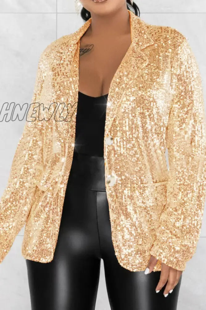 Hnewly - Silver Celebrities Solid Sequins Patchwork Turn-Back Collar Outerwear Coats Suits